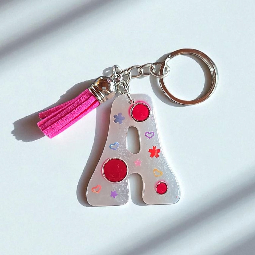 Colorful Letter A Keychain with Pink Tassel